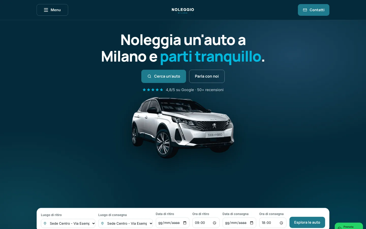 Home page of a car rental site with search by date and time