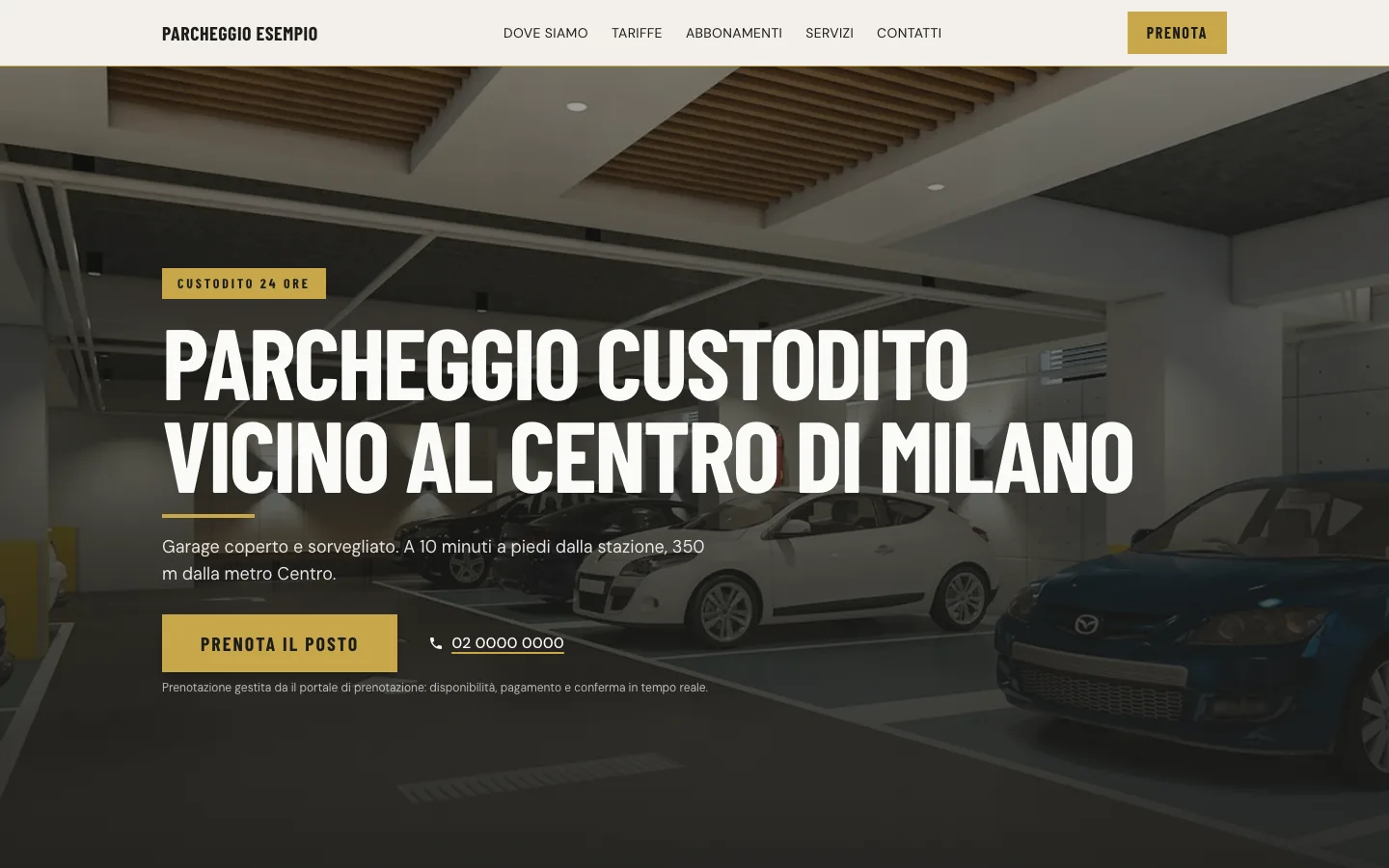 Home page of a supervised parking site, with a photo of the garage and a booking button