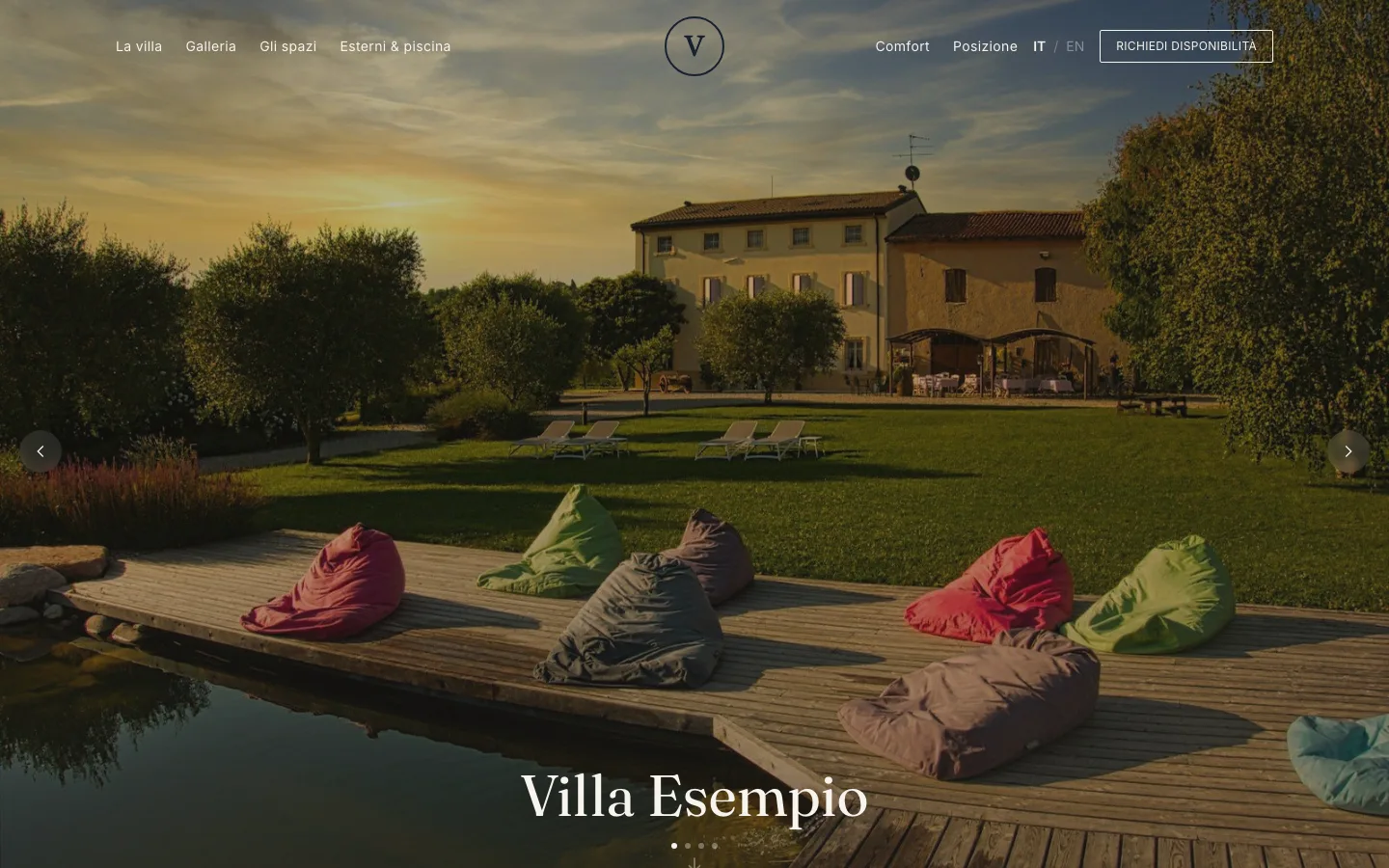 Home page of a villa rental site, with countryside photos and a request button