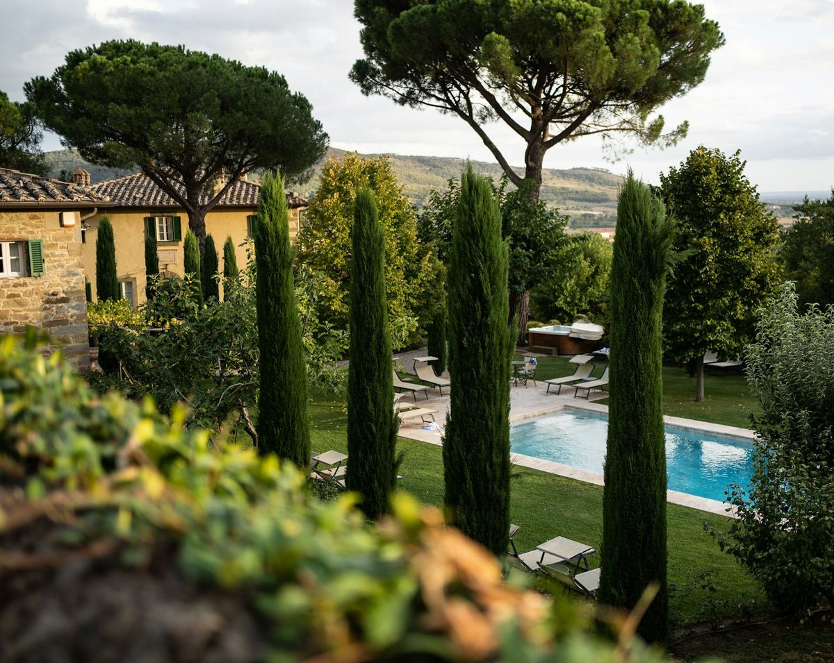 Vista dall'alto della villa, della piscina e del giardino tra gli ulivi
